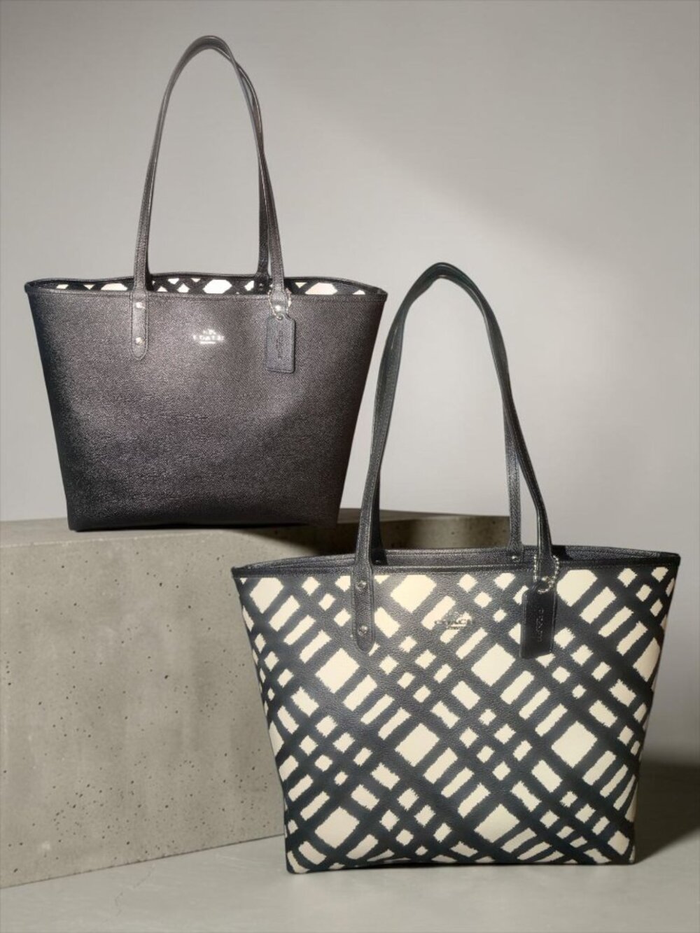 Coach Reversible City Tote F22247 Black Chalk Wild Plaid Print Coated Canvas Bag